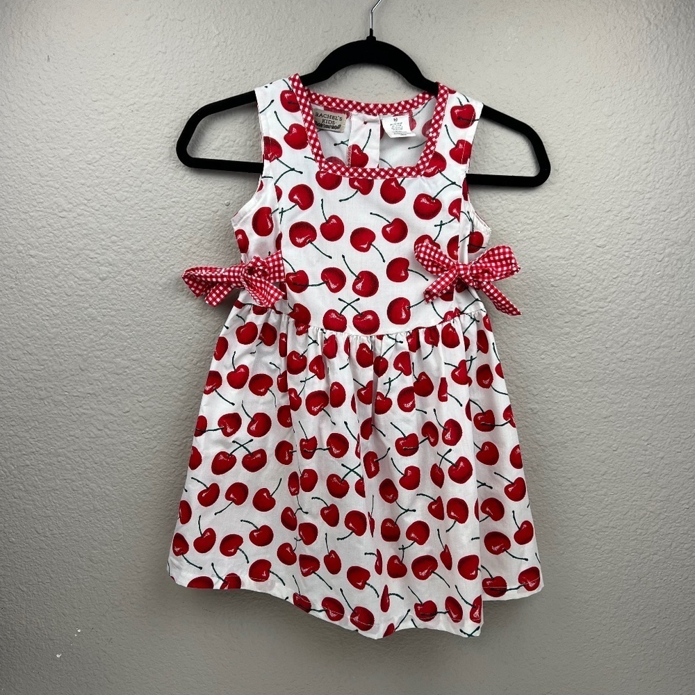 Rachel's Kids Girl's Cherry Dress with Gingham Trim and Side Ties Sz 6X